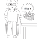 First page of the Advancing ALTELLA coloring book. This page features a student using an AAC device and the AAC device says "I like it."