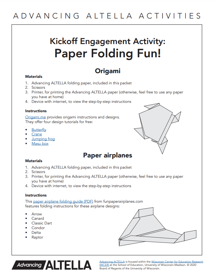 First page of the Advancing ALTELLA folding paper activities. This first page features origami and paper airplanes.