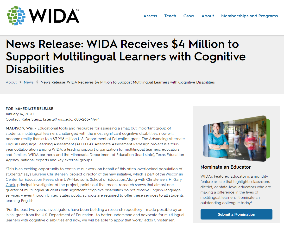 Snippet of the WIDA News Release: WIDA Receives $4 Million to Support Multilingual Learners with Cognitive Disabilities