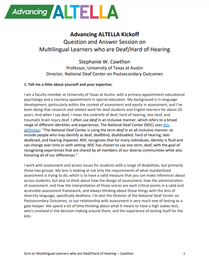 Snippet of the Advancing ALTELLA Q&A Session on Multilingual learners who are deaf/hard of hearing. It's an interview with Stephanie W. Cawthon.