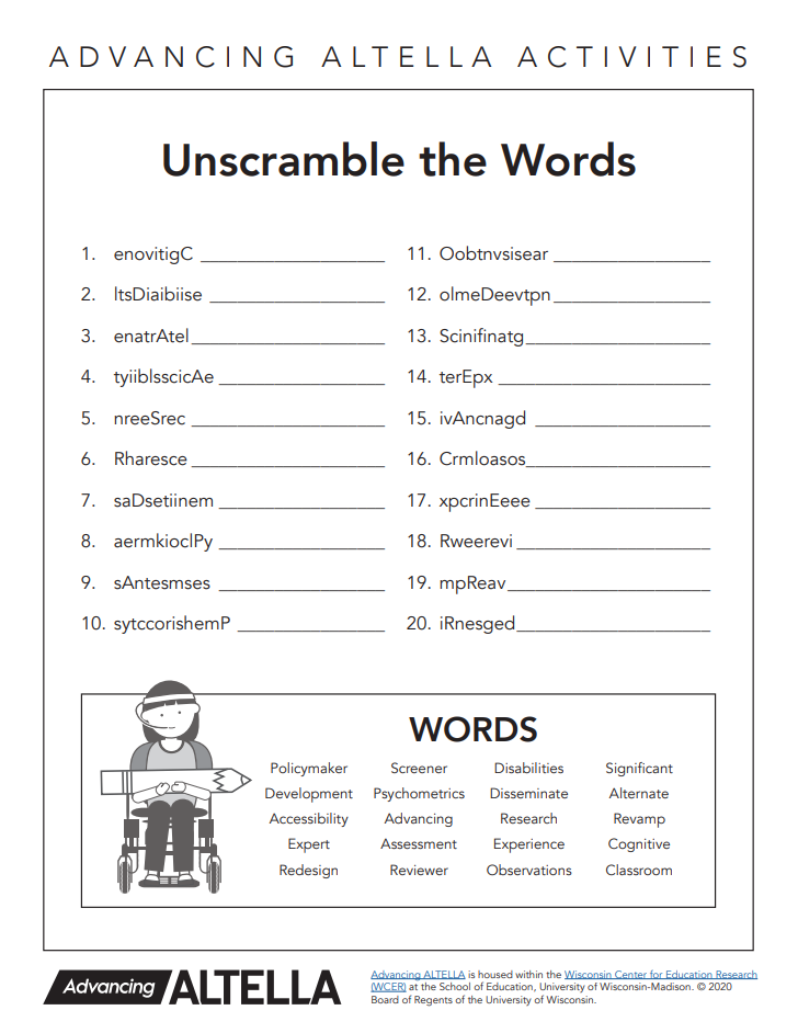 First page of the Advancing ALTELLA word puzzles. This first page features a word scramble.
