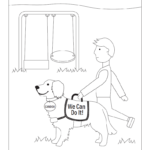 Coloring book page in black and white. Features an illustration of a person walking the Alternate ACCESS Field Test dog, Candoo. Candoo is a golden retriever who is wearing a name tag and a service vest that says we can do it. They are both walking on grass in front of a swing set with two swings.