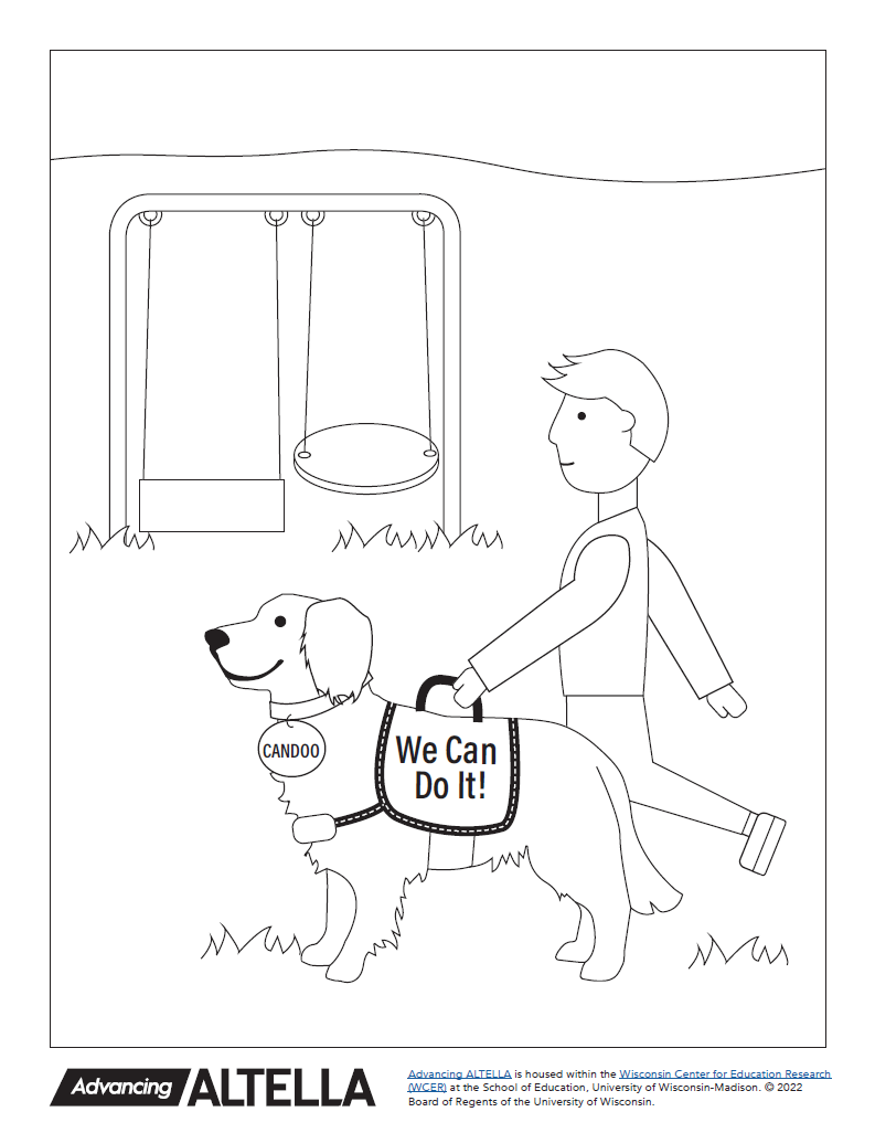 Coloring book page in black and white. Features an illustration of a person walking the Alternate ACCESS Field Test dog, Candoo. Candoo is a golden retriever who is wearing a name tag and a service vest that says we can do it. They are both walking on grass in front of a swing set with two swings.