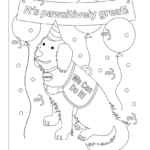 Black and white illustration of a service dog surrounded by party favors