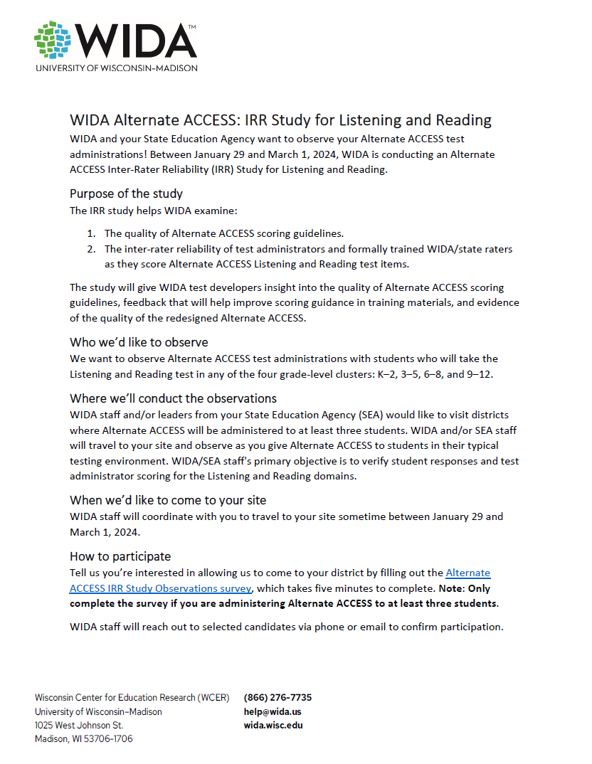 Read more about the article WIDA Alternate ACCESS: IRR Study for Listening and Reading Flyer